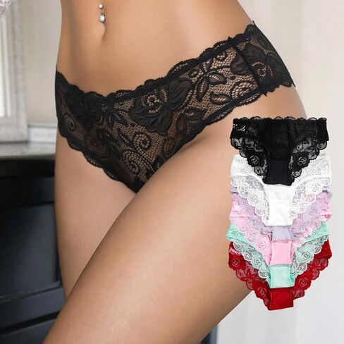 6 PCS Women Lace Mesh Low Rise Bikini Panties, Soft Stretch Underwear, Breathable Stretch Hipster in Saudi Arabia