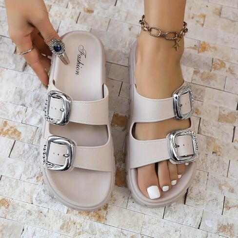 Women's Comfortable Summer Sandals - Fashion Double Buckle Design, Non-Slip Outdoor Indoor Open-Toe Shoes, Lightweight Casual Footwear in Saudi Arabia