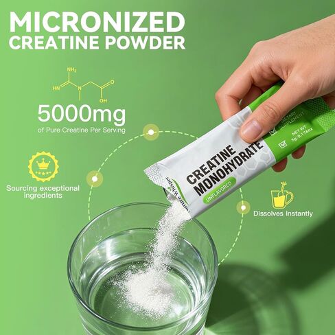 عبوات مسحوق الكرياتين مونوهيدرات للسفر، 5000 مجم من الكرياتين النقي الدقيق للرجال والنساء لنمو العضلات والطاقة، كرياتين أثناء التنقل، خالي من السكر، نباتي، بدون نكهة (10 حصص) in Saudi Arabia