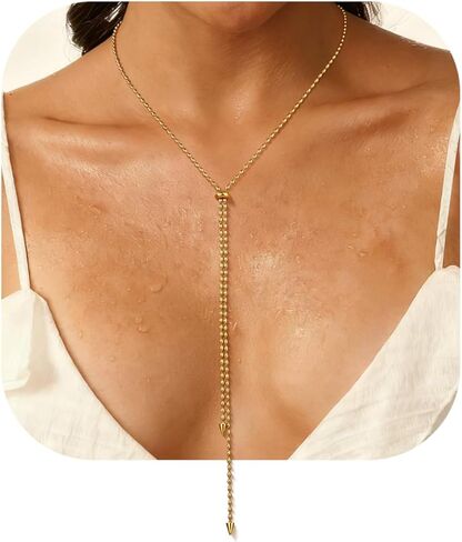Necklace for Women 18K Gold Plated Stainless Steel Neckalce Non Tarnish Layered Necklaces Long Gold Neckalce Stack Trendy Y-shaped Charm Necklace Valentines Day Gifts for Her in Saudi Arabia