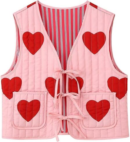 Women Coquette Bow Tie Vest Y2K Cute Quilted Puffer Cropped Tops Fairycore Aesthetic Heart Graphic Padded Gilet Outwear in Saudi Arabia