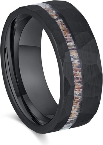 Men's Wedding Ring 8mm Black Hammered Tungsten Antler Inlay – Comfort Fit Mens Wedding Band with Antique Wooden Ring Box in Saudi Arabia