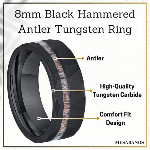Men's Wedding Ring 8mm Black Hammered Tungsten Antler Inlay – Comfort Fit Mens Wedding Band with Antique Wooden Ring Box in Saudi Arabia