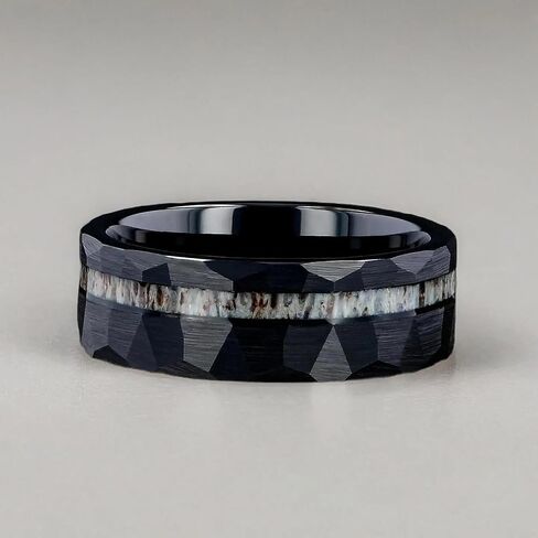 Men's Wedding Ring 8mm Black Hammered Tungsten Antler Inlay – Comfort Fit Mens Wedding Band with Antique Wooden Ring Box in Saudi Arabia