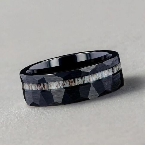 Men's Wedding Ring 8mm Black Hammered Tungsten Antler Inlay – Comfort Fit Mens Wedding Band with Antique Wooden Ring Box in Saudi Arabia