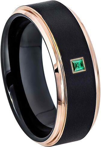 0.05ctw - 0.10ctw Princess Cut Emerald Birthstone Cobalt Ring - Matte Black & Rose Gold IP Stepped Edge Cobalt Mens Wedding Band - May Birthstone Ring in Saudi Arabia