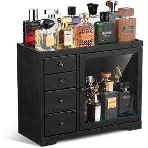Cologne Organizer for Men, 5 Tier Large Capacity organizador de perfumes, Wooden Dustproof Perfumes Organizer Cologne Stand with 4 Drawer Storage,Gifts Ideas for Loved ones (Black) in Saudi Arabia