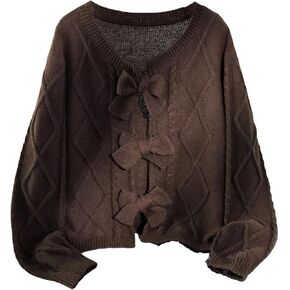 سترة نسائية ذات حجم كبير مع عقدة على شكل فيونكة وأكمام طويلة وسترات متماسكة للخريف ملابس خارجية in Kuwait