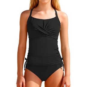 ملابس سباحة للفتيات بأشرطة قابلة للتعديل مكونة من قطعتين طقم تانكيني متقاطع ورباط مكشكش في سن المراهقة لباس سباحة للفتيات 9-16 سنة in Kuwait