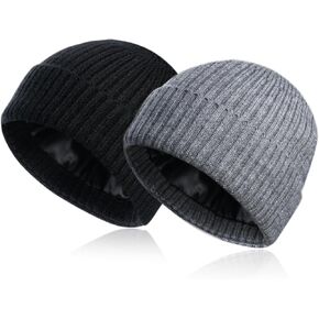 2 Pcs Beanie for Women Men, Soft Satin Lined Winter Hats for Women, Slouchy Beanies Knit Hats Cuffed Cap for Cold Weather (Black+Gray) in Saudi Arabia
