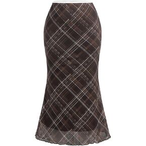Women's Plaid Bodycon Midi Skirt Vintage Mesh High Waisted Fishtail Skirts in Kuwait