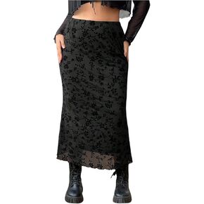 Women's Plus Size Y2k Floral Fishtail Long Skirt Vintage Mesh High Waisted Bodycon Skirts in Kuwait