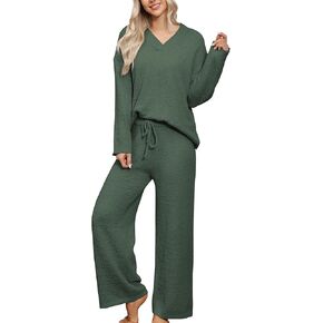 HNG Lounge Sets for Women Two Piece Outfits Fuzzy Fleece Pajama Set Long Sleeve Pullover Sweater Top and Wide Leg Pants in Saudi Arabia
