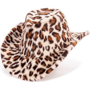 Women's Leopard Print Western Cowboy Hat, Fleece Wide-Brim Fluffy Warm Fedora in Saudi Arabia
