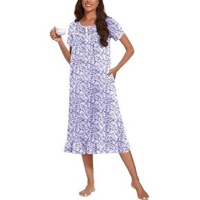 Ekouaer Cotton Nightgowns for Women Soft Long Button Night Gowns Comfy House Dress with Pockets Short Sleeve Sleepwear S-3XL in Kuwait