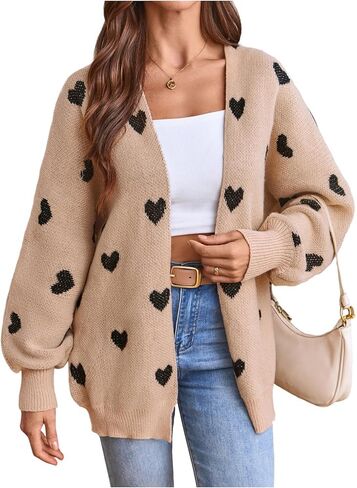 Women's Open Front Heart Print Cardigan Sweater Shawl Collar Long Sleeve Drop Shoulder Sweaters Knit Tops in Kuwait