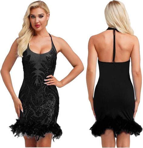 Women's Ballroom Dance Dress Latin Ballroom Performance Dress Women Halter Sleeveless Sheer Mesh Bodycon Lyrical Sequined in Saudi Arabia