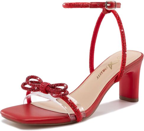 Athlefit Women's Rhinestone Bow Heels Clear Open Square Toe Block Heels Buckle Heeled Sandals for Party Wedding in Saudi Arabia