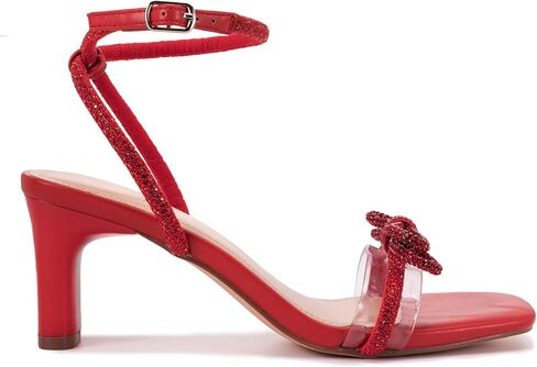 Athlefit Women's Rhinestone Bow Heels Clear Open Square Toe Block Heels Buckle Heeled Sandals for Party Wedding in Saudi Arabia