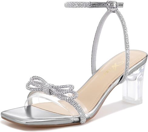 Athlefit Women's Rhinestone Bow Heels Clear Open Square Toe Block Heels Buckle Heeled Sandals for Party Wedding in Saudi Arabia