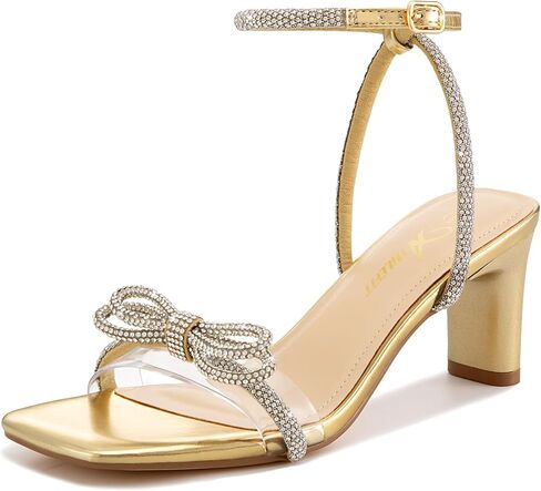 Athlefit Women's Rhinestone Bow Heels Clear Open Square Toe Block Heels Buckle Heeled Sandals for Party Wedding in Saudi Arabia
