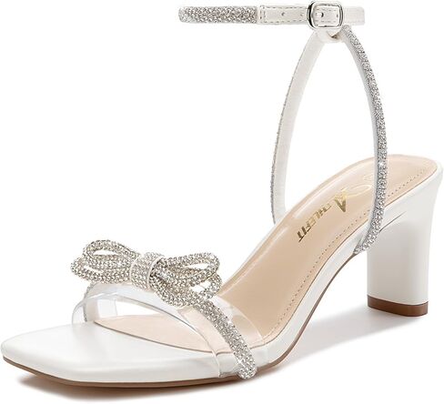 Athlefit Women's Rhinestone Bow Heels Clear Open Square Toe Block Heels Buckle Heeled Sandals for Party Wedding in Saudi Arabia