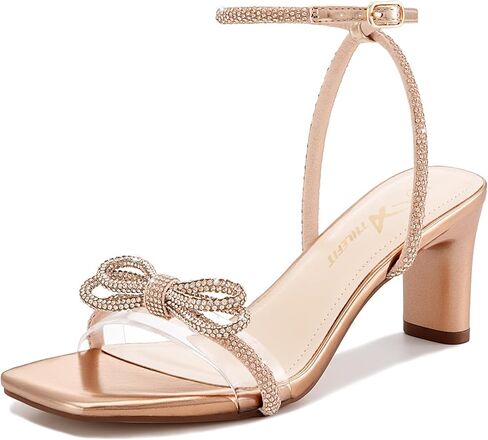 Athlefit Women's Rhinestone Bow Heels Clear Open Square Toe Block Heels Buckle Heeled Sandals for Party Wedding in Saudi Arabia