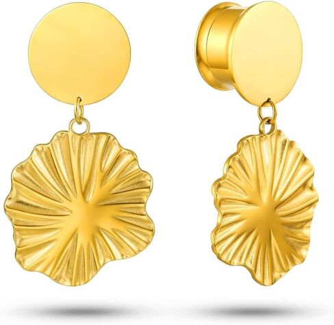 LADEMAYH Cute Lotus Leaf Pendant Design Dangle Gauges for Women, 0g(8mm)-5/8in(16mm) Solid Ear Plugs Tunnels Gauges for Ears, Hypoallergenic Surgical Stainless Steel 316L Ear Gauges Earrings in Saudi Arabia