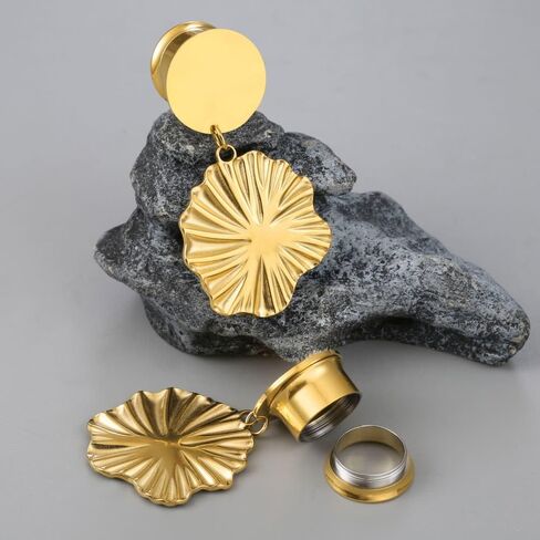 LADEMAYH Cute Lotus Leaf Pendant Design Dangle Gauges for Women, 0g(8mm)-5/8in(16mm) Solid Ear Plugs Tunnels Gauges for Ears, Hypoallergenic Surgical Stainless Steel 316L Ear Gauges Earrings in Saudi Arabia