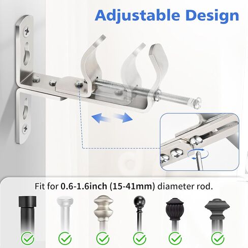 Curtain Rod Bracket, Adjustable Heavy Duty Curtain Rod Holders for Wall, 4 Pack Ceiling rods Hooks Hangers for 3/4 to 1-1/2 Inch Drapery Pole, Silver in Saudi Arabia