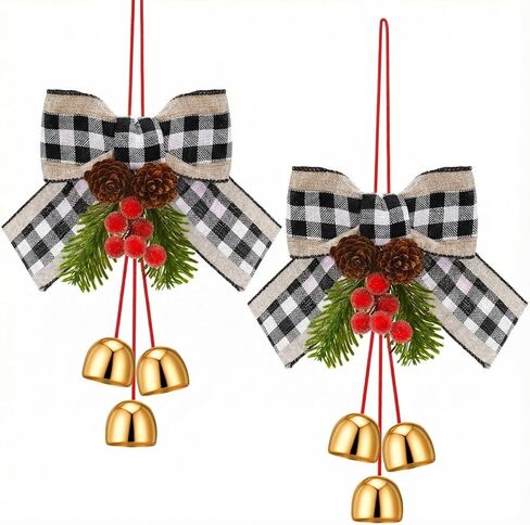 2 Pcs Christmas Plaid Bows with Pine Cones Needles and Bell Hanging Christmas Decoration Buffalo Plaid Bows Xmas Wreath Tree Toppers Bow for Kitchen Cabinet Holiday Party Decor(Red Black) in Saudi Arabia