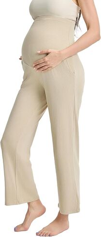 Liu & Qu Womens Maternity High Waisted Lounge Pants Casual Stretchy Ribbed Palazzo Pants Pregnancy Trousers with Pockets in Kuwait