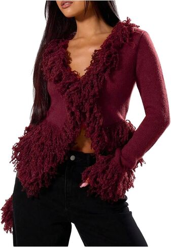 WDIRARA Women's Fuzzy Trim Cardigan Sweater Goth Punk V Neck Long Sleeve Knit Outerwear in Saudi Arabia