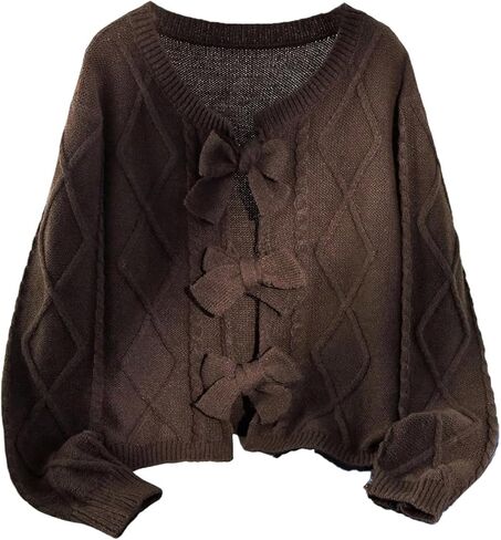 سترة نسائية ذات حجم كبير مع عقدة على شكل فيونكة وأكمام طويلة وسترات متماسكة للخريف ملابس خارجية in Kuwait