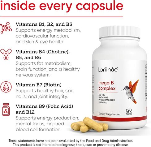 Mega B Complex Vitamin Supplement for Immune Support, Nerve Function & Normal Energy Metabolism, Contains Myo-Inositol & Choline for Antioxidant Support, 120 Vegan Capsules in Saudi Arabia