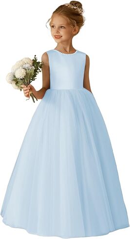 O-Neck Flower Girl Dress Satin Tulle First Communion Dresses Wedding Party Gown Pearls with Bowknot in Saudi Arabia