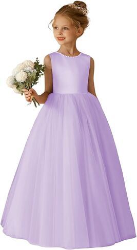 O-Neck Flower Girl Dress Satin Tulle First Communion Dresses Wedding Party Gown Pearls with Bowknot in Saudi Arabia