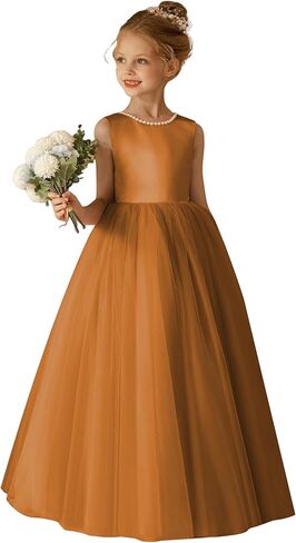 O-Neck Flower Girl Dress Satin Tulle First Communion Dresses Wedding Party Gown Pearls with Bowknot in Saudi Arabia