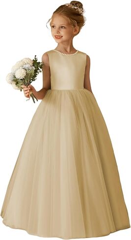 O-Neck Flower Girl Dress Satin Tulle First Communion Dresses Wedding Party Gown Pearls with Bowknot in Saudi Arabia