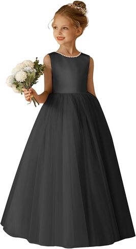 O-Neck Flower Girl Dress Satin Tulle First Communion Dresses Wedding Party Gown Pearls with Bowknot in Saudi Arabia