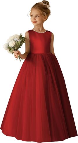 O-Neck Flower Girl Dress Satin Tulle First Communion Dresses Wedding Party Gown Pearls with Bowknot in Saudi Arabia