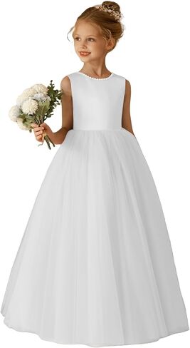 O-Neck Flower Girl Dress Satin Tulle First Communion Dresses Wedding Party Gown Pearls with Bowknot in Saudi Arabia