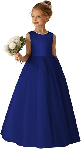 O-Neck Flower Girl Dress Satin Tulle First Communion Dresses Wedding Party Gown Pearls with Bowknot in Saudi Arabia