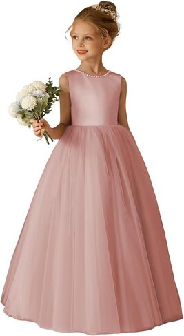 O-Neck Flower Girl Dress Satin Tulle First Communion Dresses Wedding Party Gown Pearls with Bowknot in Saudi Arabia