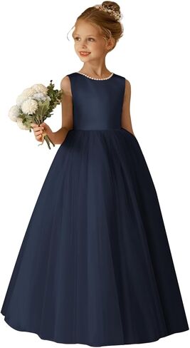 O-Neck Flower Girl Dress Satin Tulle First Communion Dresses Wedding Party Gown Pearls with Bowknot in Saudi Arabia