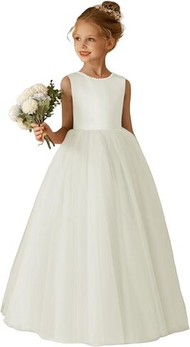O-Neck Flower Girl Dress Satin Tulle First Communion Dresses Wedding Party Gown Pearls with Bowknot in Saudi Arabia