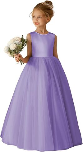 O-Neck Flower Girl Dress Satin Tulle First Communion Dresses Wedding Party Gown Pearls with Bowknot in Saudi Arabia
