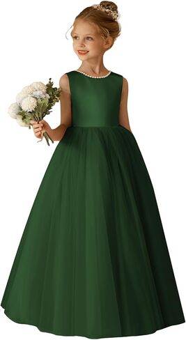 O-Neck Flower Girl Dress Satin Tulle First Communion Dresses Wedding Party Gown Pearls with Bowknot in Saudi Arabia