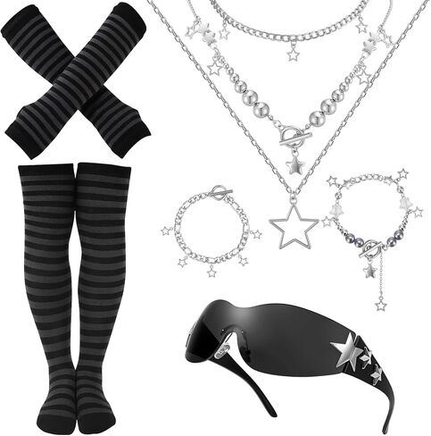 مجموعة إكسسوارات Y2K مكونة من 6 قطع - أدوات تدفئة الذراع Kawaii من Goth Jewelry، جوارب مخططة عالية للركبة، قلادة ذات طبقات، سوار نجمة ونظارات شمسية كلاسيكية للنساء، جمالية الجرونج in Kuwait