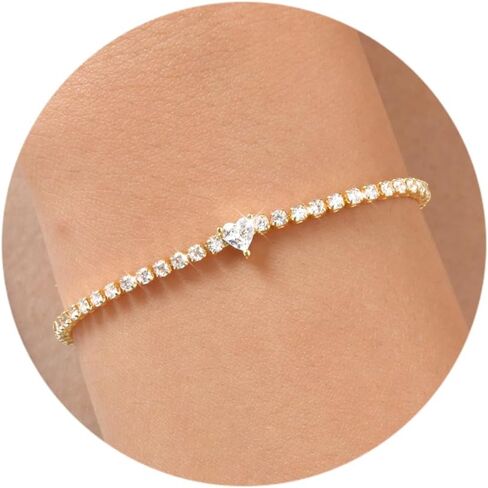 Gold Heart Tennis Bracelet for Women - 14K Gold Plated Heart Cubic Zirconia Link Bracelet, Adjustable Dainty Minimalist Design, Trendy Anniversary Birthday Christmas Jewelry Gift for Her in Saudi Arabia